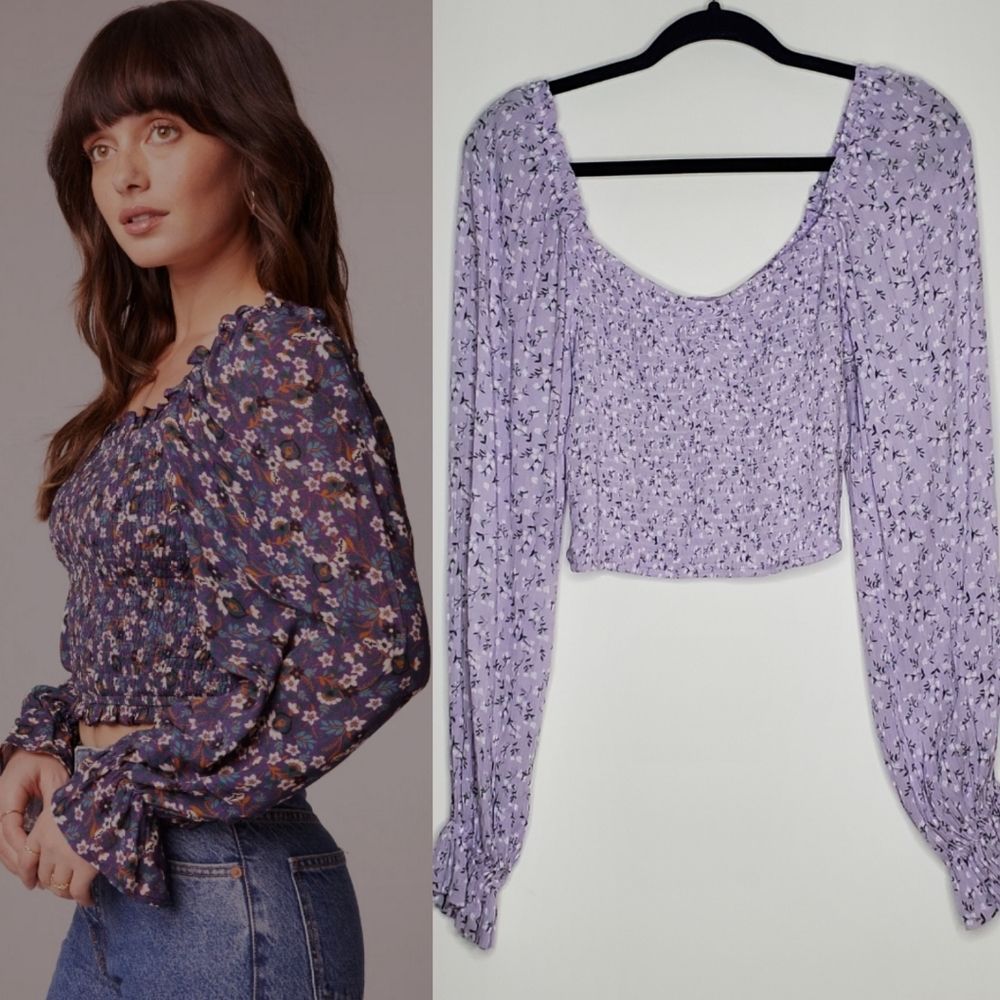 Hollister Lavender Ditsy Floral Smocked Long Balloon Sleeve Cropped Top Size S